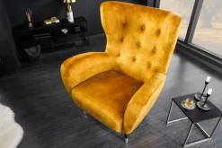 Retro Design Sessel DON senfgelb Samt Federkern silberne Fußkappen