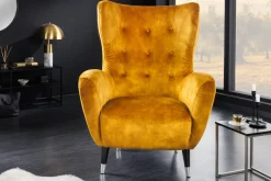 Retro Design Sessel DON senfgelb Samt Federkern silberne Fußkappen