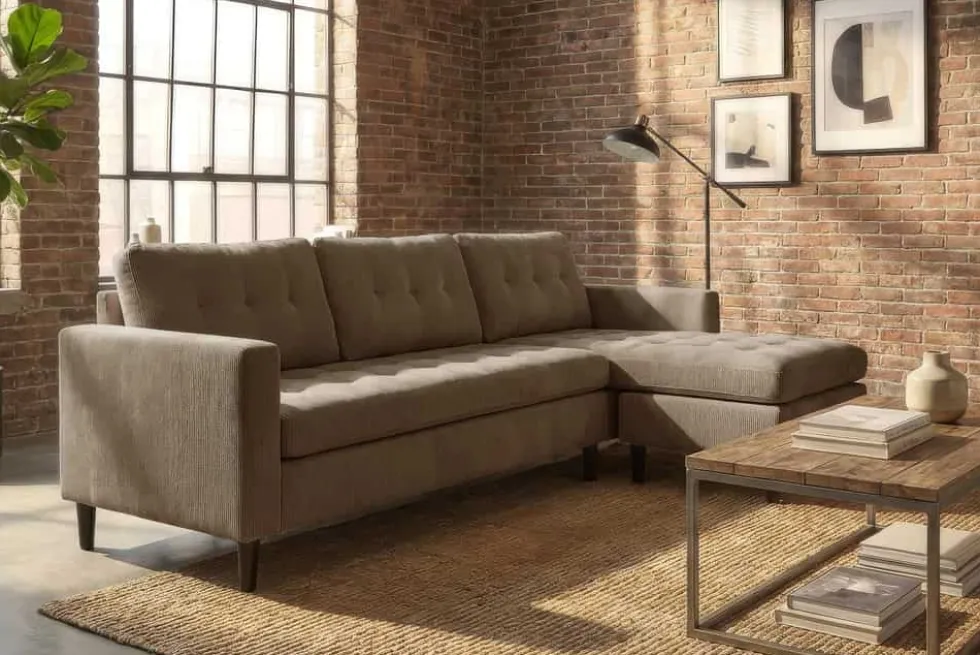 Retro Ecksofa STOCKHOLM 220cm taupe Cord Federkern 3-Sitzer