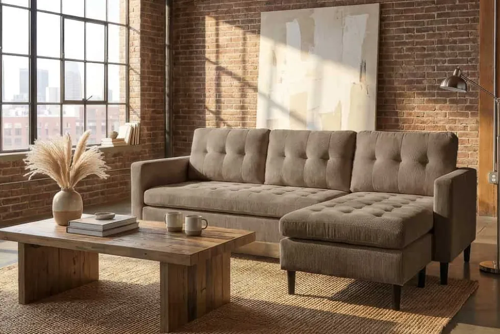 Retro Ecksofa STOCKHOLM 220cm taupe Cord Federkern 3-Sitzer