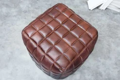 Retro Hocker RIDER 40cm braun Echtleder mit Ziersteppung