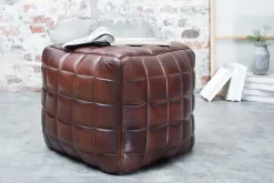 Retro Hocker RIDER 40cm braun Echtleder mit Ziersteppung