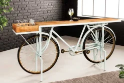 Retro Konsolentisch BICYCLE 190cm salbei natur Mangoholz Fahrrad Bartisch Upcycling