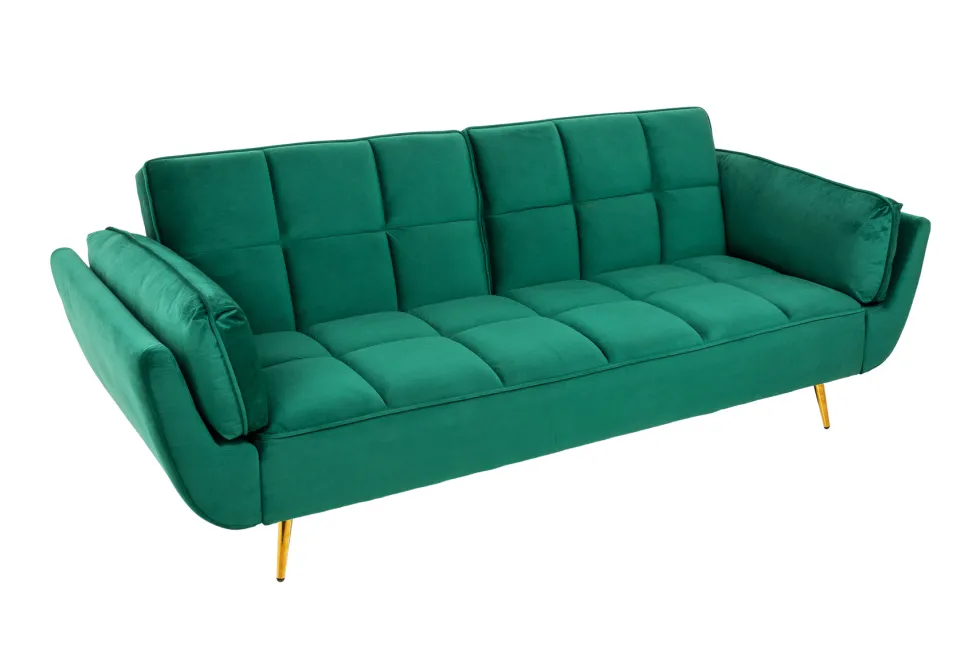 Retro Schlafsofa BOUTIQUE 215cm smaragdgrün Samt 3-Sitzer mit goldenen Füßen