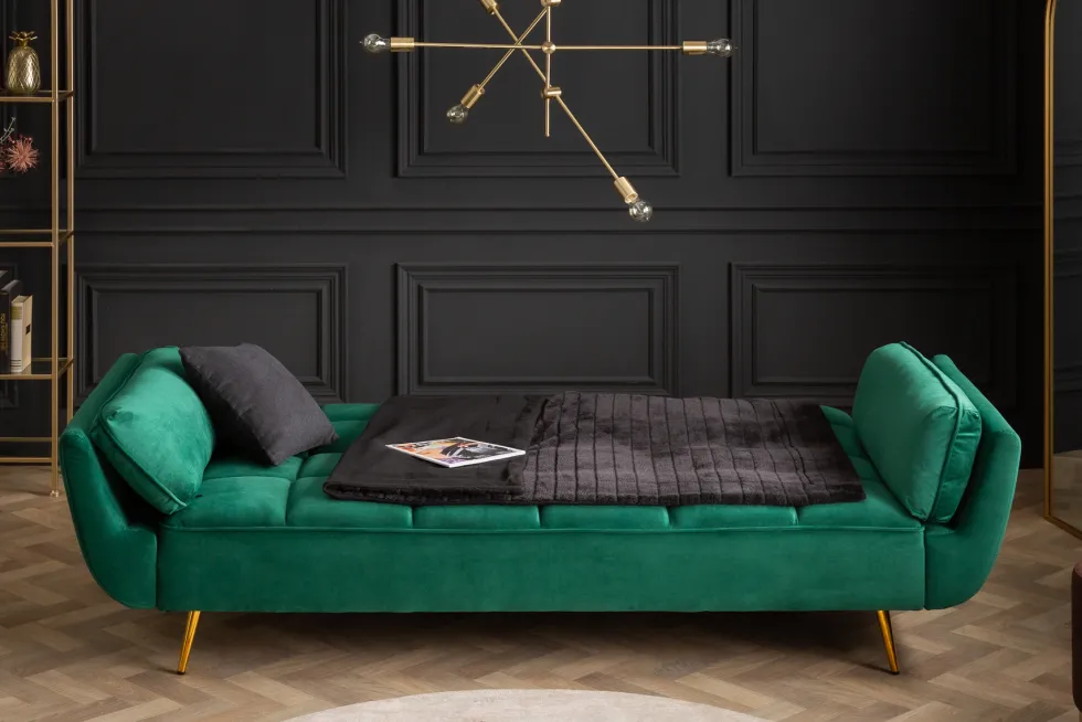 Retro Schlafsofa BOUTIQUE 215cm smaragdgrün Samt 3-Sitzer mit goldenen Füßen
