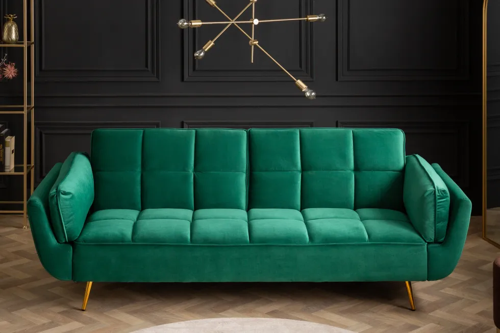 Retro Schlafsofa BOUTIQUE 215cm smaragdgrün Samt 3-Sitzer mit goldenen Füßen