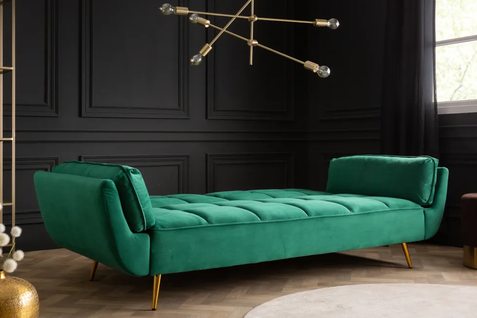 Retro Schlafsofa BOUTIQUE 215cm smaragdgrün Samt 3-Sitzer mit goldenen Füßen