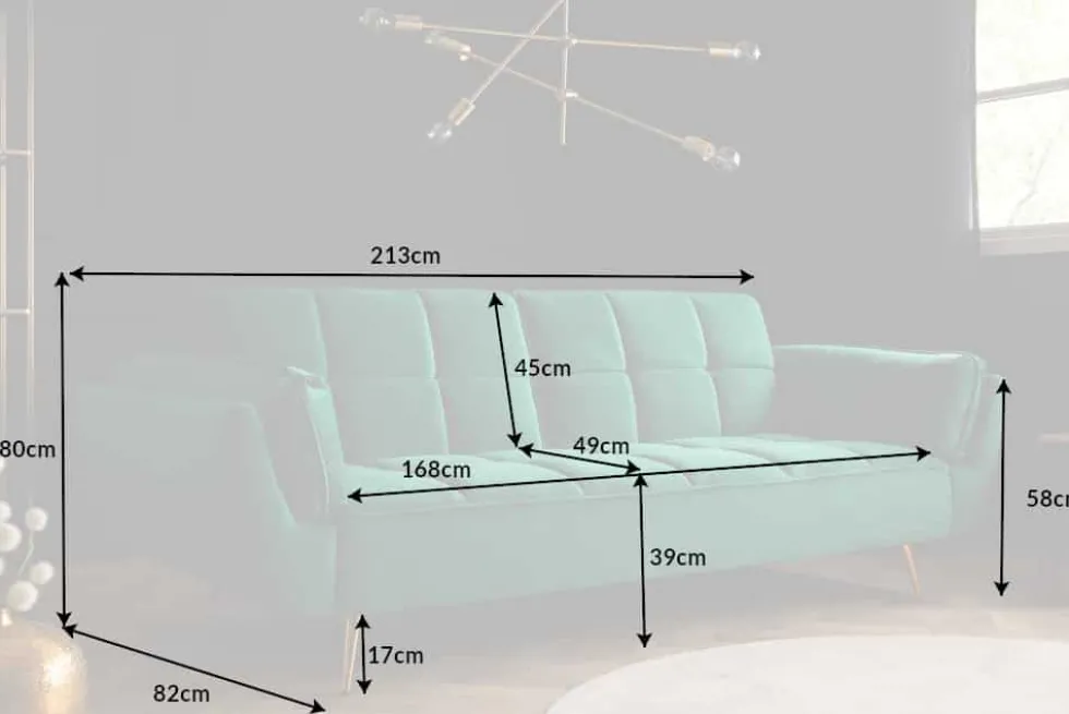 Retro Schlafsofa BOUTIQUE 215cm smaragdgrün Samt 3-Sitzer mit goldenen Füßen