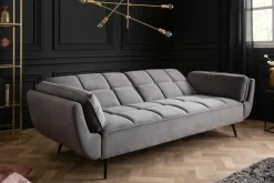 Retro Schlafsofa BOUTIQUE 215cm grau Samt 3-Sitzer mit schwarzen Füßen
