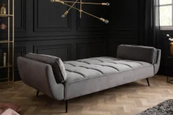 Retro Schlafsofa BOUTIQUE 215cm grau Samt 3-Sitzer mit schwarzen Füßen