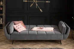 Retro Schlafsofa BOUTIQUE 215cm grau Samt 3-Sitzer mit schwarzen Füßen