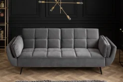 Retro Schlafsofa BOUTIQUE 215cm grau Samt 3-Sitzer mit schwarzen Füßen