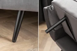 Retro Schlafsofa BOUTIQUE 215cm grau Samt 3-Sitzer mit schwarzen Füßen