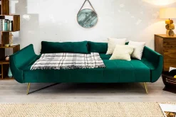 Retro Schlafsofa DIVANI 220cm smaragdgrün Samt goldene Metallfüße 3-Sitzer mit Bettfunktion