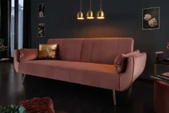 Retro Schlafsofa DIVANI 220cm altrosa Samt goldene Metallfüße 3-Sitzer mit Bettfunktion