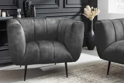 Retro Sessel NOBLESSE 105cm grau Samt schwarze Metallfüße Federkern Ziersteppung