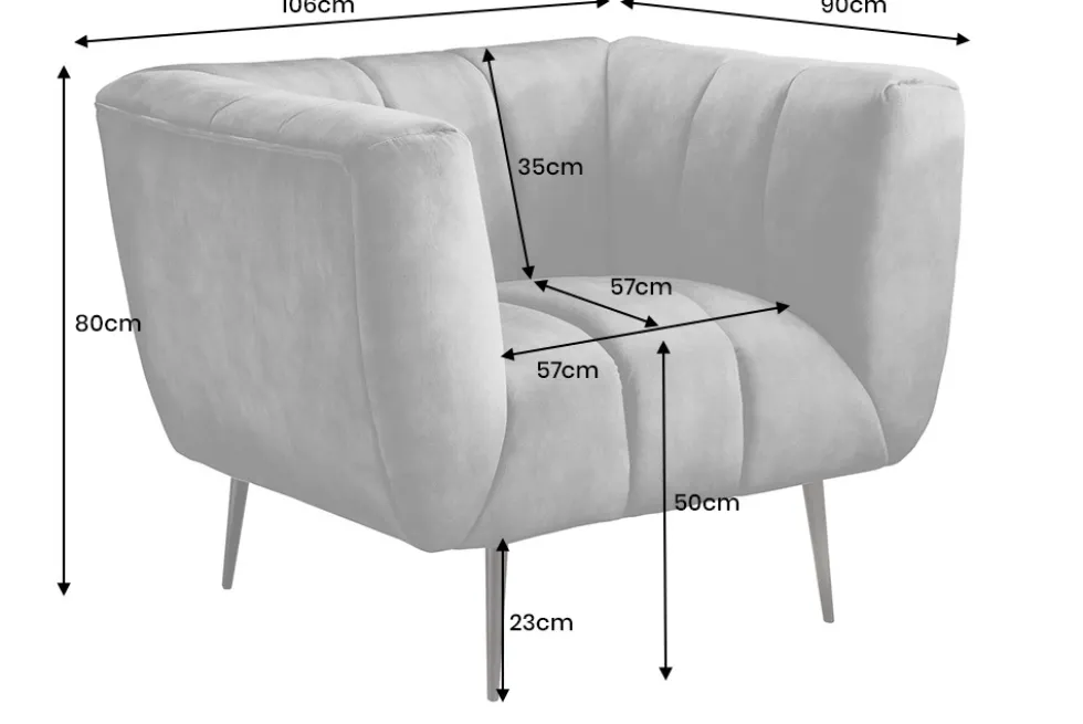 Retro Sessel NOBLESSE 105cm grau Samt schwarze Metallfüße Federkern Ziersteppung