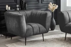 Retro Sessel NOBLESSE 105cm grau Samt schwarze Metallfüße Federkern Ziersteppung