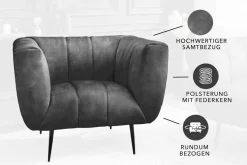Retro Sessel NOBLESSE 105cm grau Samt schwarze Metallfüße Federkern Ziersteppung