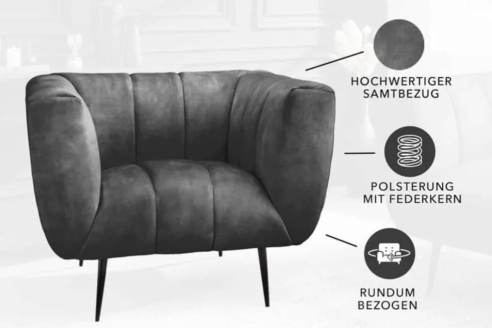 Retro Sessel NOBLESSE 105cm grau Samt schwarze Metallfüße Federkern Ziersteppung