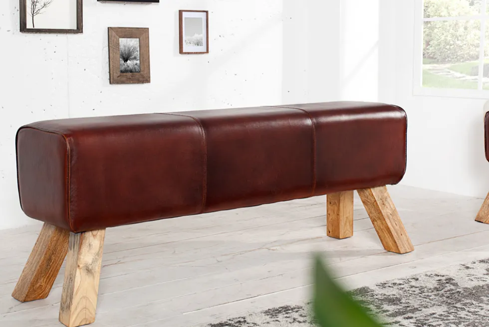 Retro Sitzbank TURNBOCK 120cm mit Echtleder Bezug Mangoholz Bank