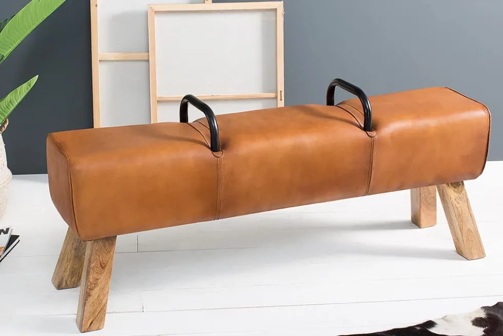 Retro Sitzbank TURNBOCK 134cm mit Echtleder Bezug Mangoholz Bank