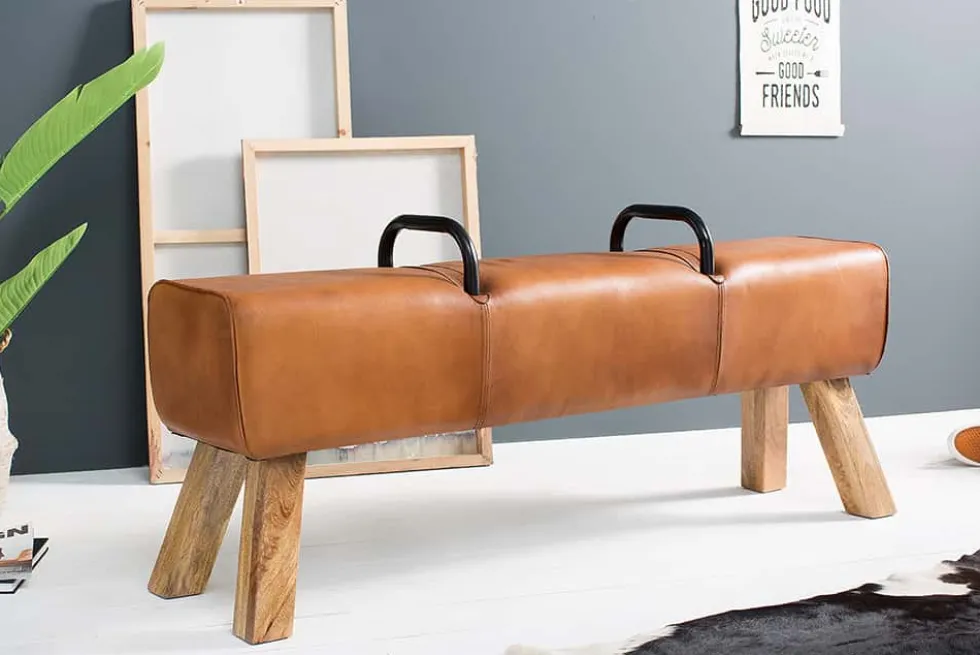 Retro Sitzbank TURNBOCK 134cm mit Echtleder Bezug Mangoholz Bank
