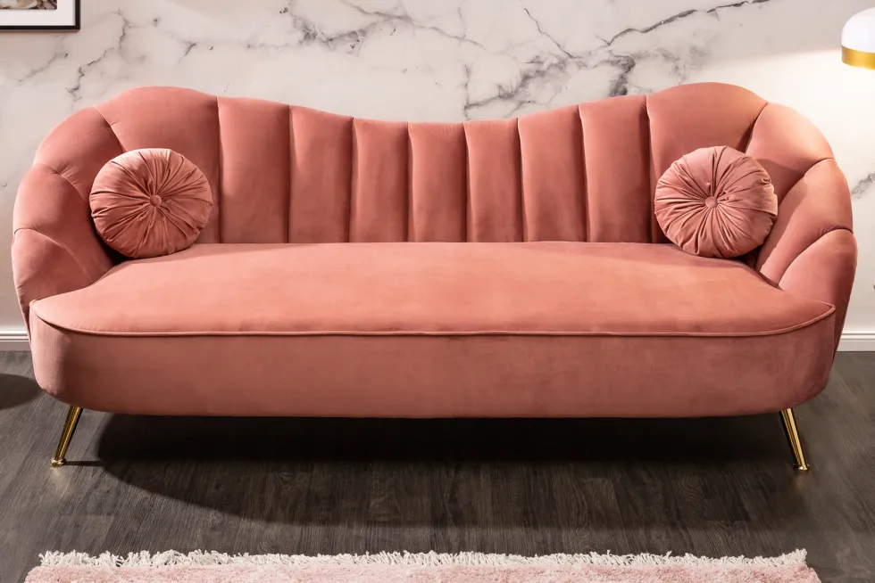 Retro 3-Sitzer Sofa ARIELLE 220cm altrosa Samt goldene Metallfüße Ziersteppung