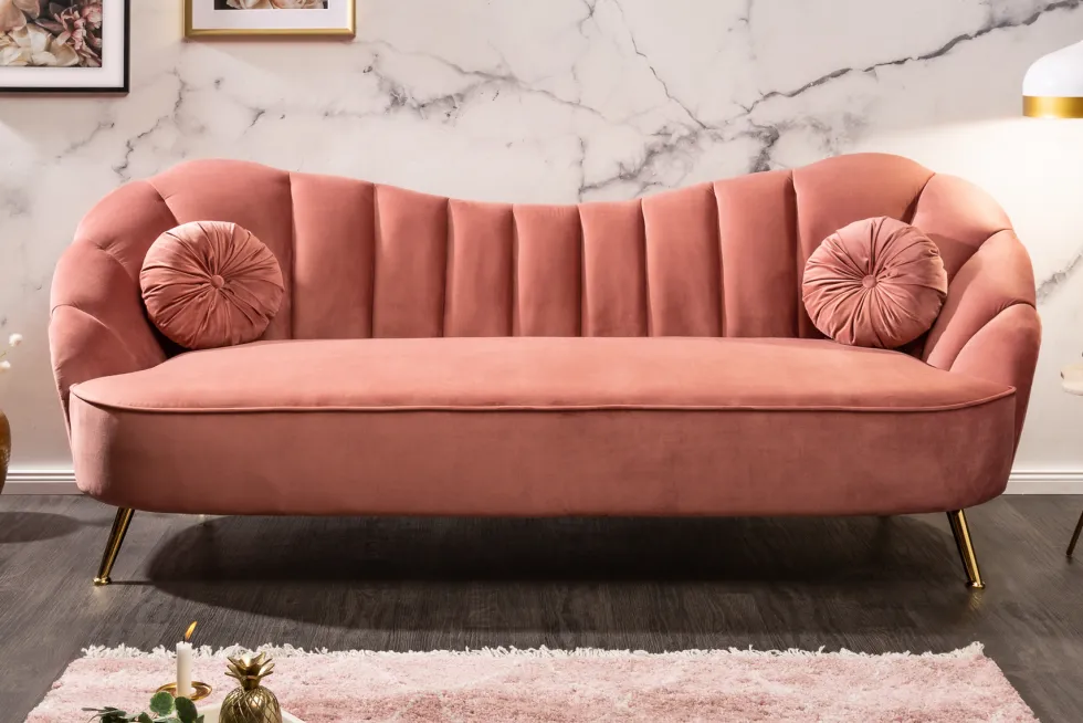 Retro 3-Sitzer Sofa ARIELLE 220cm altrosa Samt goldene Metallfüße Ziersteppung