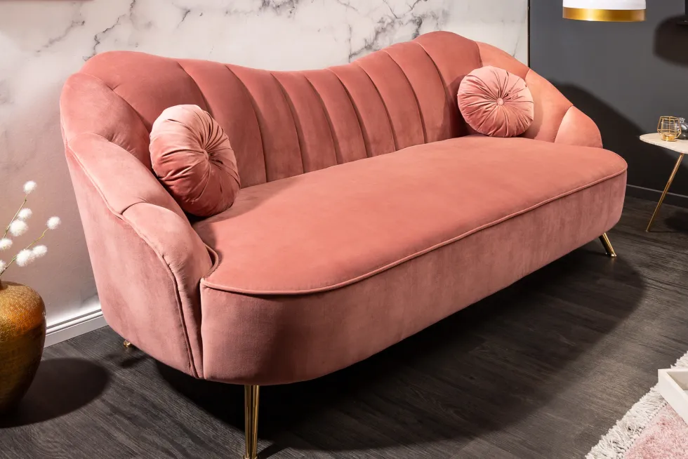 Retro 3-Sitzer Sofa ARIELLE 220cm altrosa Samt goldene Metallfüße Ziersteppung