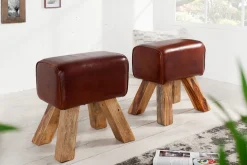 Retro Sitzhocker TURNBOCK 40cm mit Echtleder Bezug Mangoholz Hocker