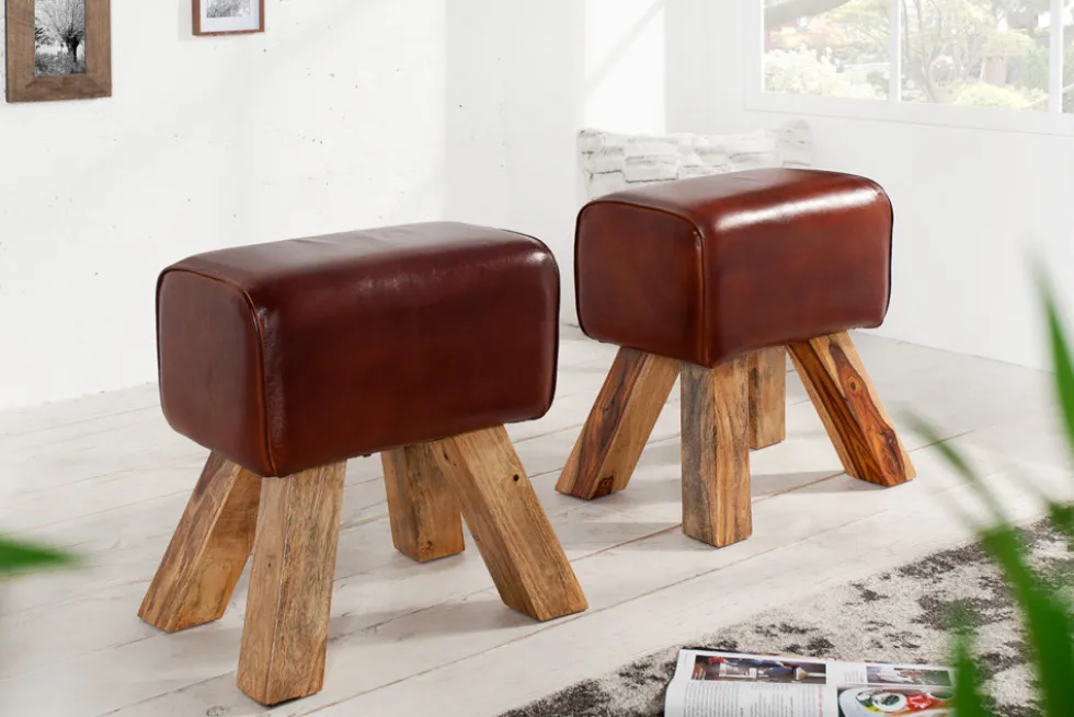 Retro Sitzhocker TURNBOCK 40cm mit Echtleder Bezug Mangoholz Hocker