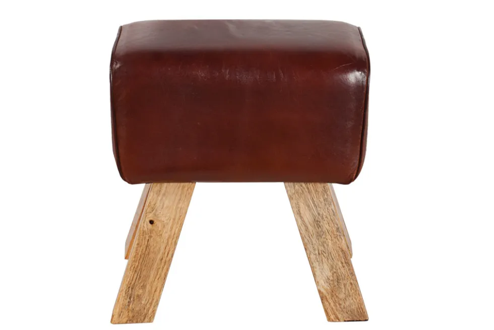 Retro Sitzhocker TURNBOCK 40cm mit Echtleder Bezug Mangoholz Hocker