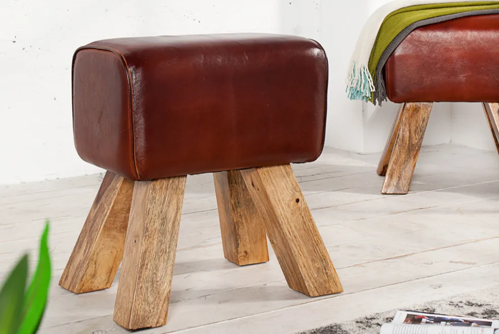 Retro Sitzhocker TURNBOCK 40cm mit Echtleder Bezug Mangoholz Hocker