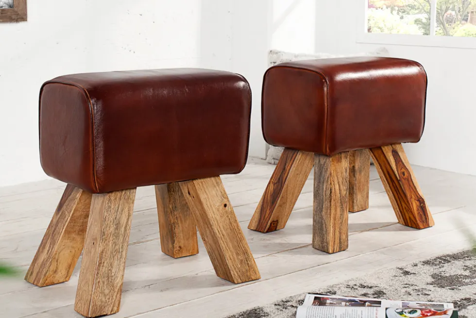 Retro Sitzhocker TURNBOCK 40cm mit Echtleder Bezug Mangoholz Hocker