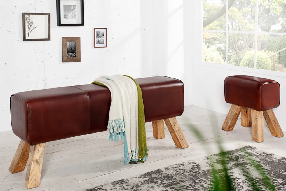 Retro Sitzhocker TURNBOCK 40cm mit Echtleder Bezug Mangoholz Hocker