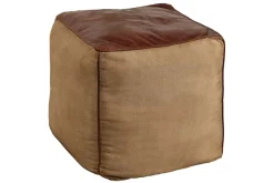 Retro Sitzpouf MUSTANG 45cm Lederbezug mit Leinen Sitzwürfel