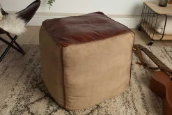 Retro Sitzpouf MUSTANG 45cm Lederbezug mit Leinen Sitzwürfel