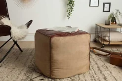Retro Sitzpouf MUSTANG 45cm Lederbezug mit Leinen Sitzwürfel