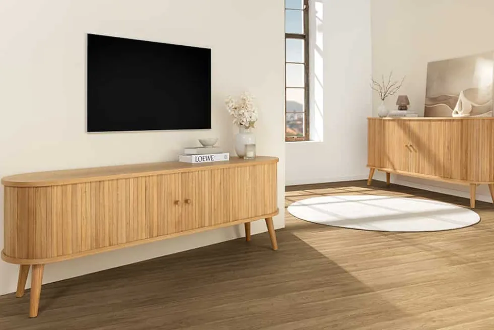 Retro TV-Board VALHALLA WOOD 160cm natur Eichenholz Schiebetüren Lowboard