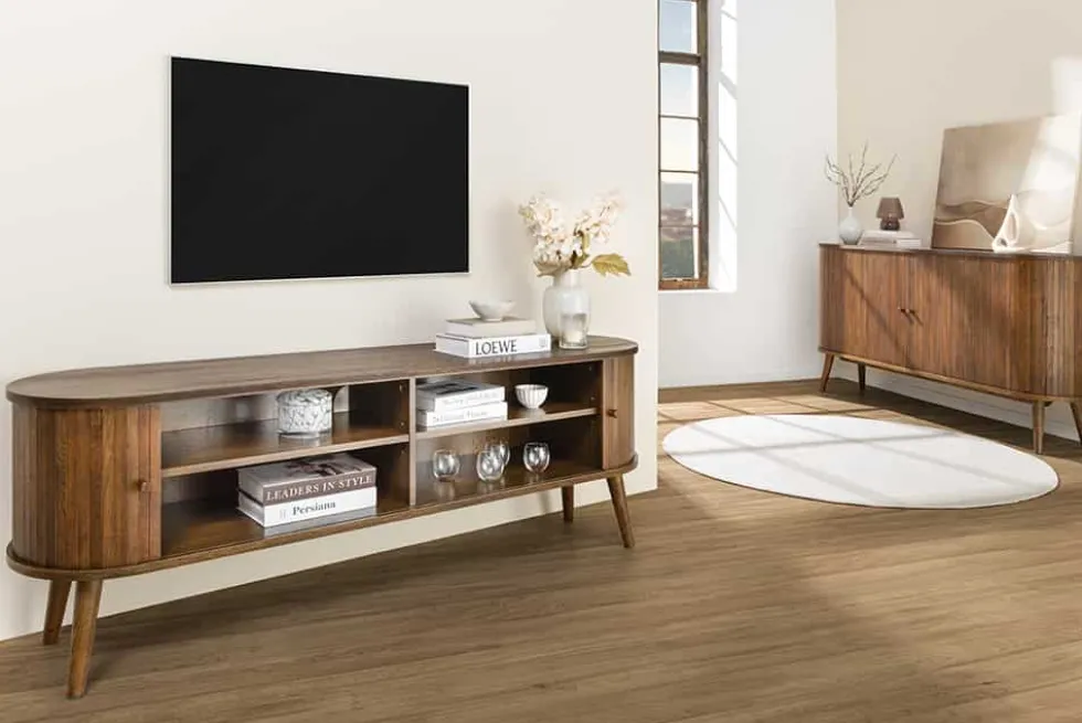 Retro TV-Board VALHALLA WOOD 160cm smoked Eichenholz Schiebetüren Lowboard