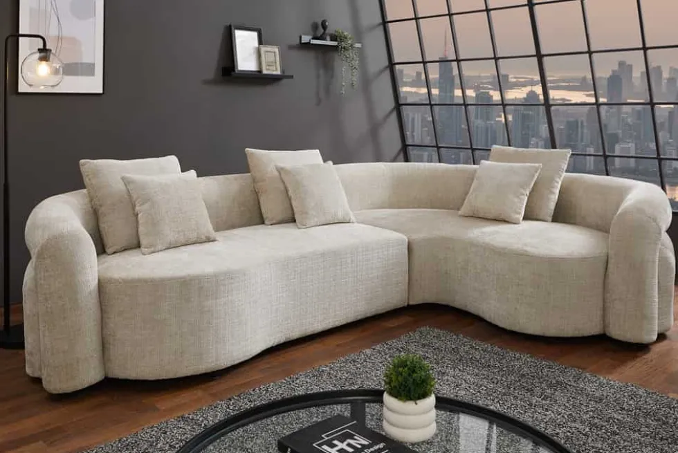 Retro Wohnlandschaft VOGUE 290cm beige Chenille XXL-Sofa organische Form inkl. Kissen