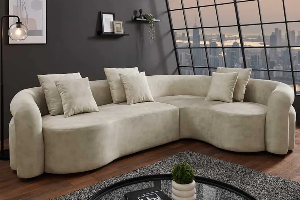Retro Wohnlandschaft VOGUE 290cm beige Samt XXL-Sofa organische Form inkl. Kissen