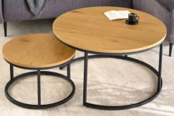 Runde Couchtische 2er Set ELEGANCE 80cm natur Wildeiche Holz-Design schwarzes Metallgestell