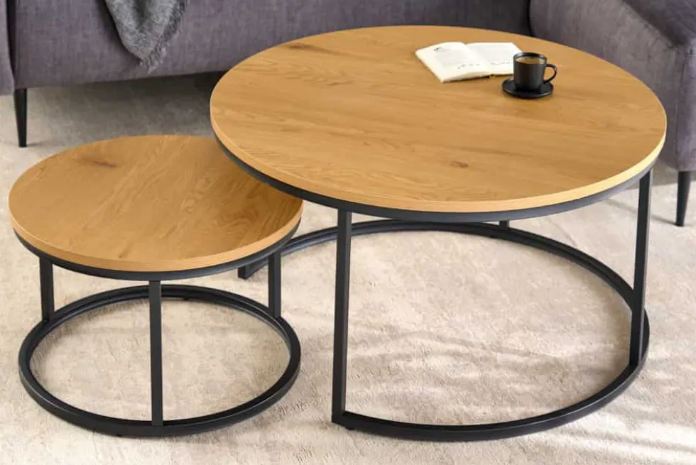 Runde Couchtische 2er Set ELEGANCE 80cm natur Wildeiche Holz-Design schwarzes Metallgestell