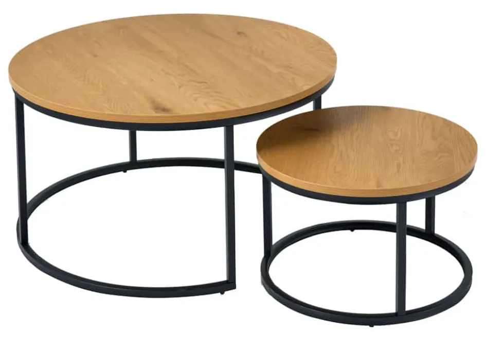 Runde Couchtische 2er Set ELEGANCE 80cm natur Wildeiche Holz-Design schwarzes Metallgestell