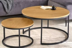 Runde Couchtische 2er Set ELEGANCE 80cm natur Wildeiche Holz-Design schwarzes Metallgestell