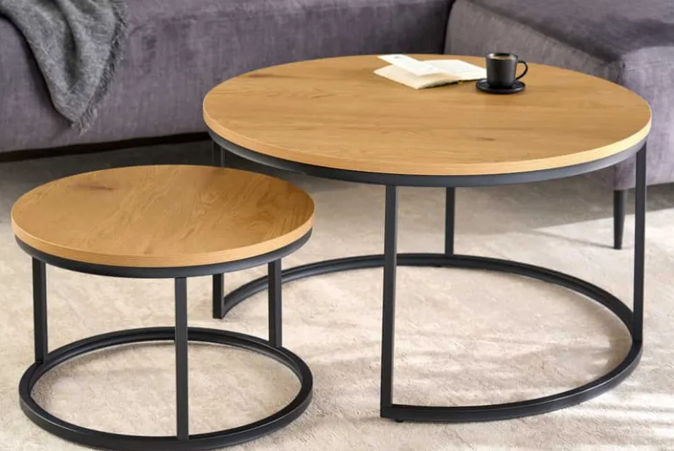 Runde Couchtische 2er Set ELEGANCE 80cm natur Wildeiche Holz-Design schwarzes Metallgestell