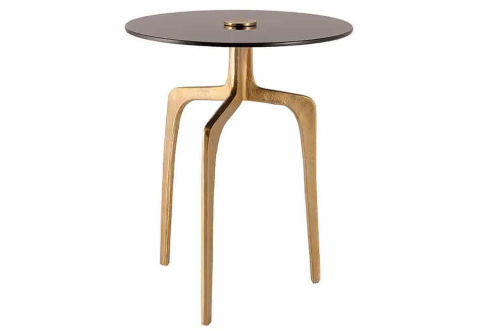 Runder Beistelltisch ABSTRACT 60cm messing gold Metallbeine Schwarzglas handmade