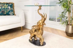 Runder Beistelltisch ELEPHANT 80cm gold Metall Glas Marmor Skulptur handmade